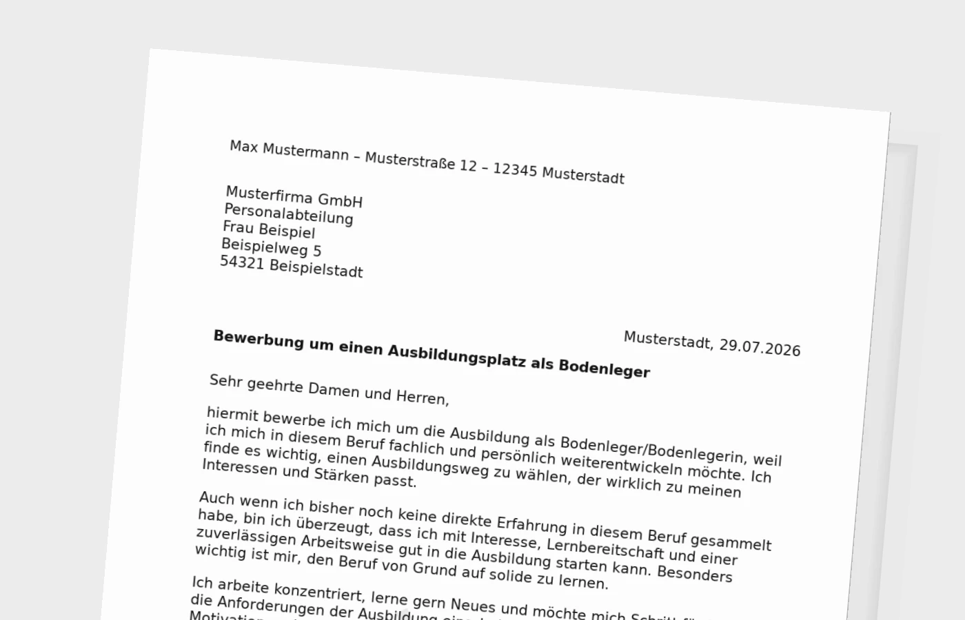 Bewerbung Ausbildung Bodenleger/Bodenlegerin ohne Erfahrung – Muster