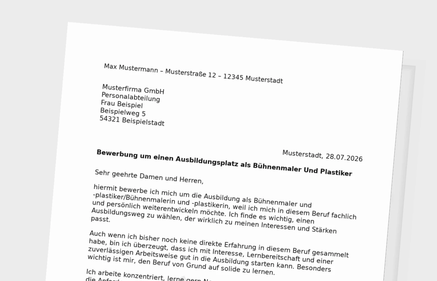 Bewerbung Ausbildung Bühnenmaler und -plastiker/Bühnenmalerin und -plastikerin ohne Erfahrung – Muster