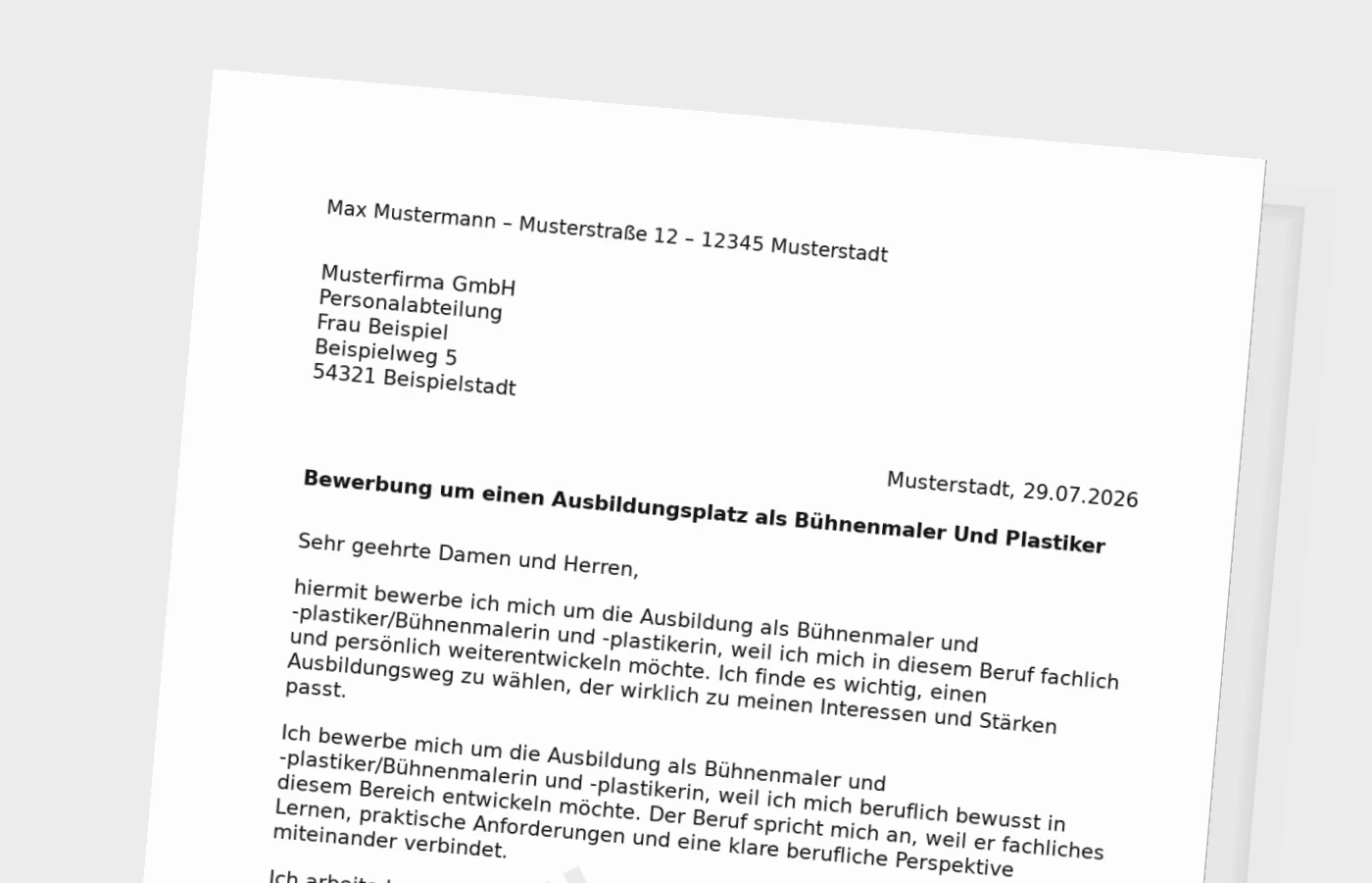 Bewerbung für Ausbildung als Bühnenmaler/-plastiker
