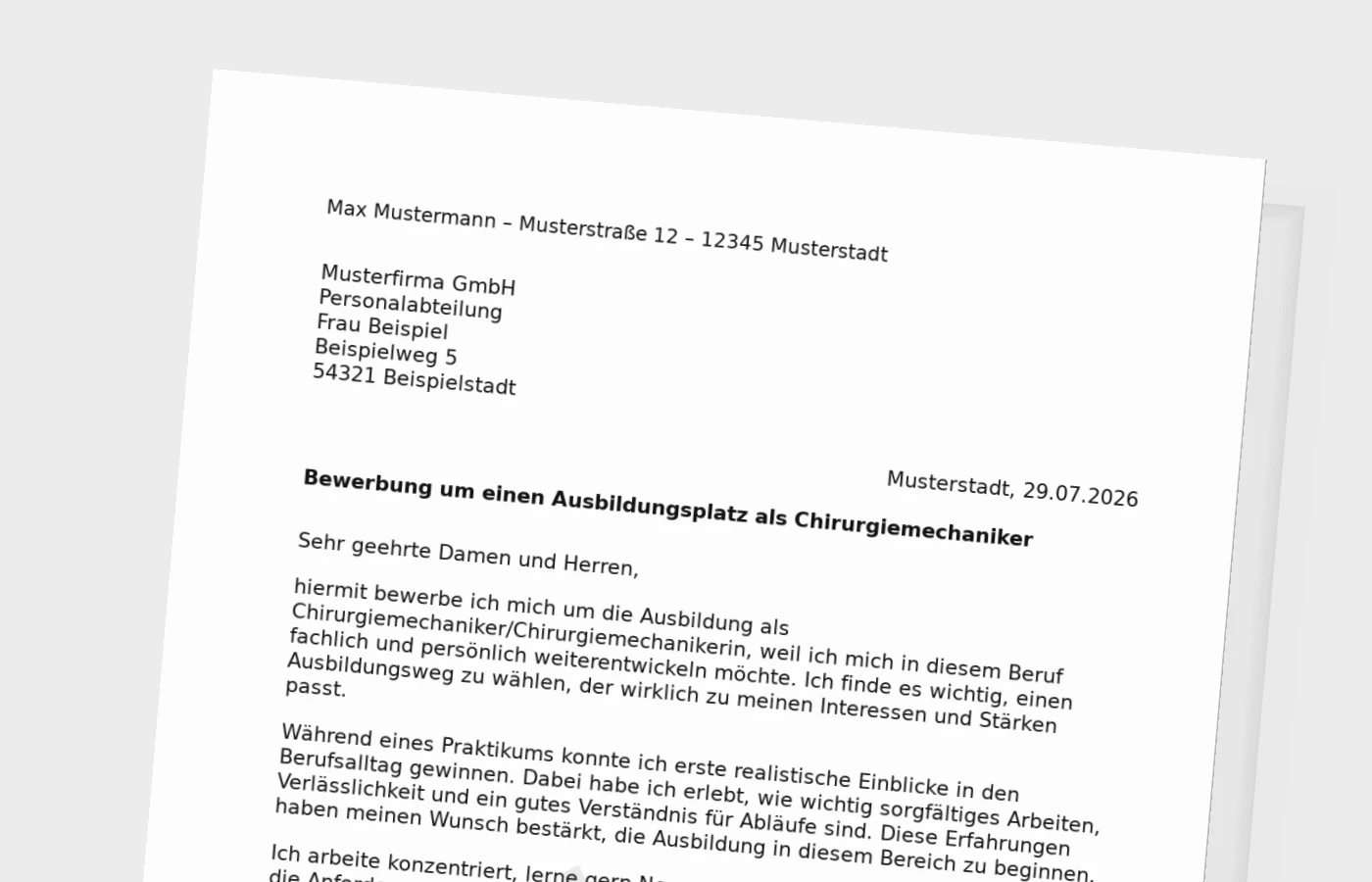 Bewerbung Ausbildung Chirurgiemechaniker/Chirurgiemechanikerin (mit Praktikum) – Muster
