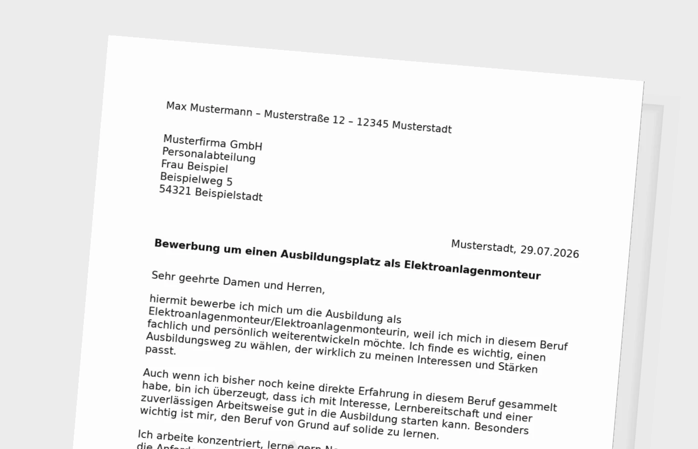 Bewerbung Ausbildung Elektroanlagenmonteur/Elektroanlagenmonteurin ohne Erfahrung – Muster