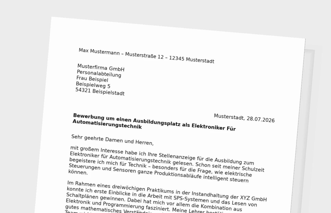 Bewerbung Ausbildung Elektroniker für Automatisierungstechnik/Elektronikerin für Automatisierungstechnik nach Schulabschluss – Muster