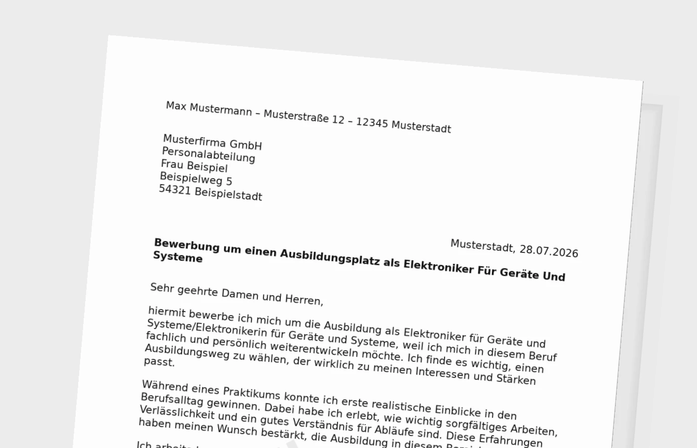Bewerbung Ausbildung Elektroniker für Geräte und Systeme/Elektronikerin für Geräte und Systeme (mit Praktikum) – Muster