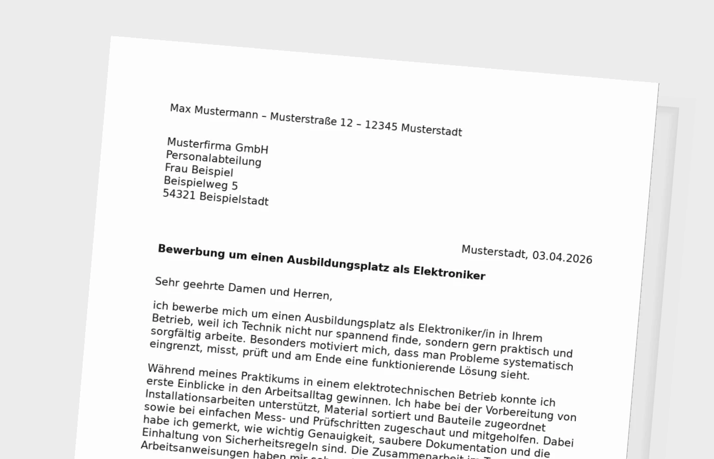 Bewerbung für eine Ausbildung als Elektroniker/in – mit Praktikum