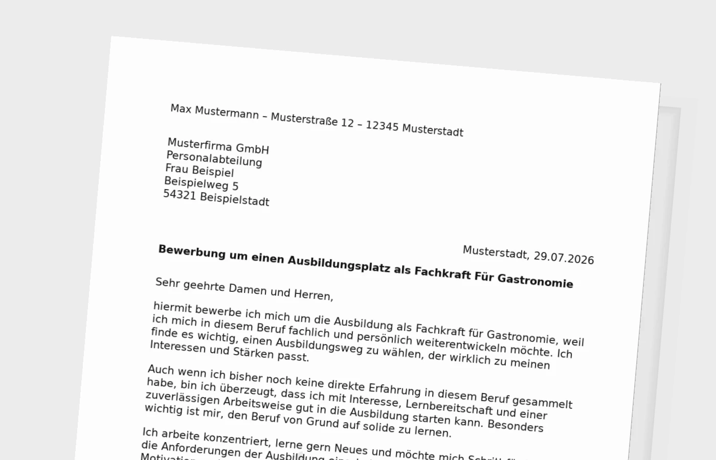 Bewerbung Ausbildung Fachkraft für Gastronomie ohne Erfahrung – Muster