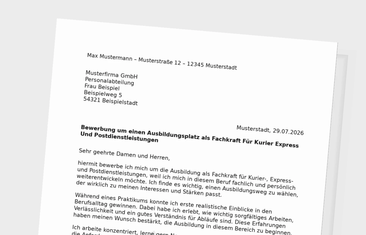 Bewerbung Ausbildung Fachkraft für Kurier-, Express- und Postdienstleistungen (mit Praktikum) – Muster