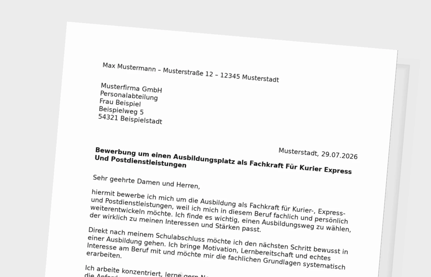 Bewerbung Ausbildung Fachkraft für Kurier-, Express- und Postdienstleistungen nach Schulabschluss – Muster