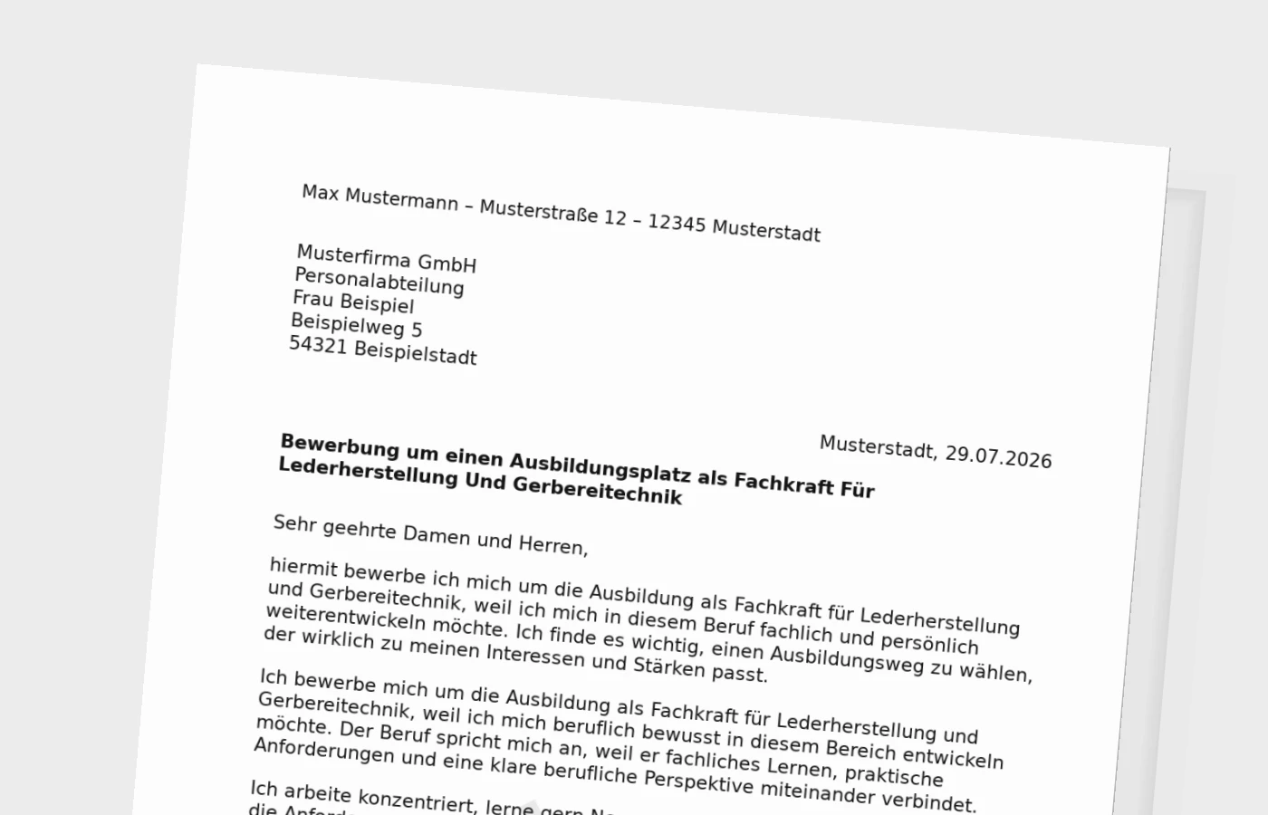 Bewerbung Ausbildung Fachkraft für Lederherstellung und Gerbereitechnik – Muster