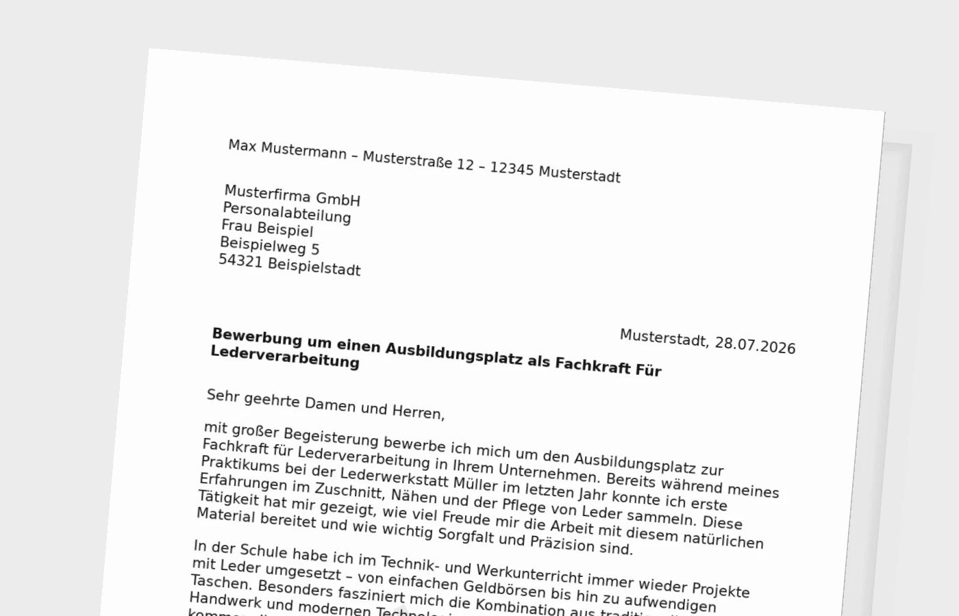 Bewerbung Ausbildung Fachkraft für Lederverarbeitung (mit Praktikum) – Muster