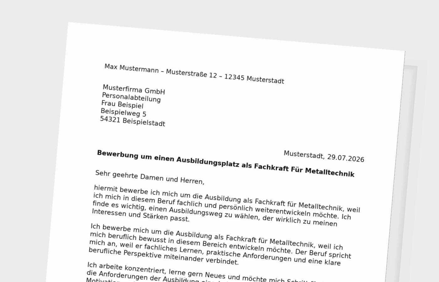 Bewerbung Ausbildung Fachkraft für Metalltechnik – Muster