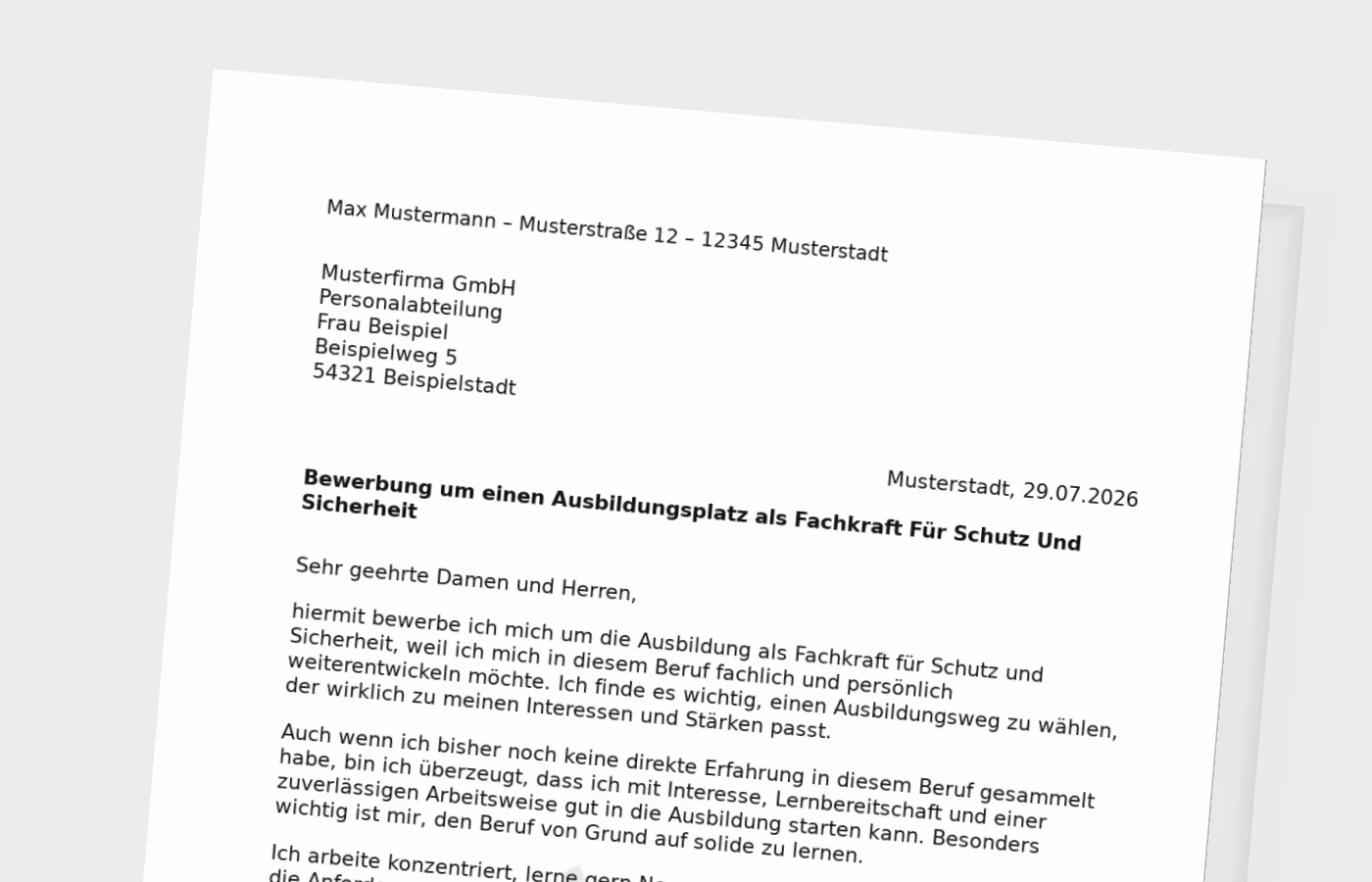 Bewerbung Ausbildung Fachkraft für Schutz und Sicherheit ohne Erfahrung – Muster