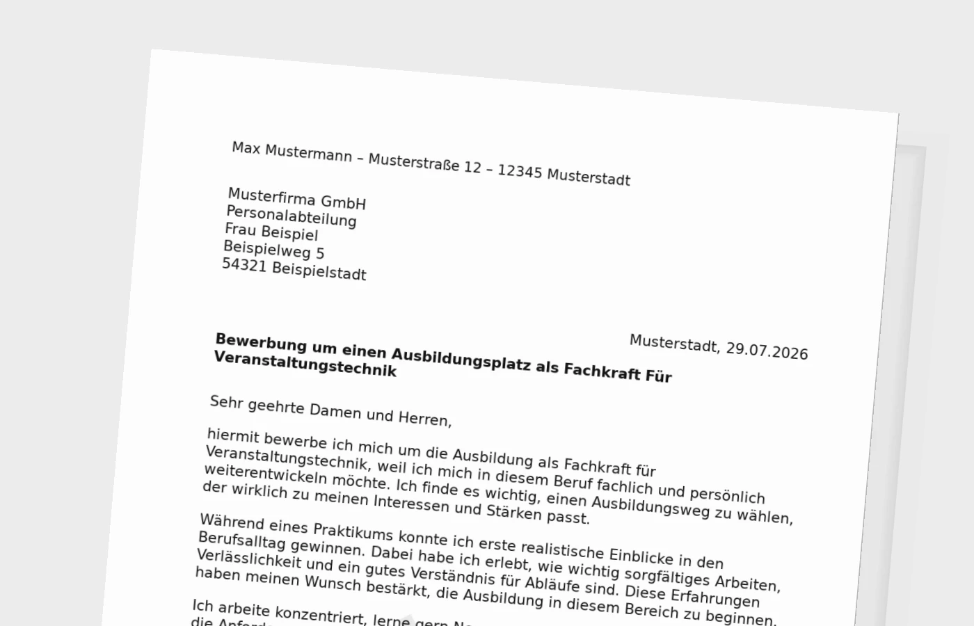 Bewerbung Ausbildung Fachkraft für Veranstaltungstechnik (mit Praktikum) – Muster