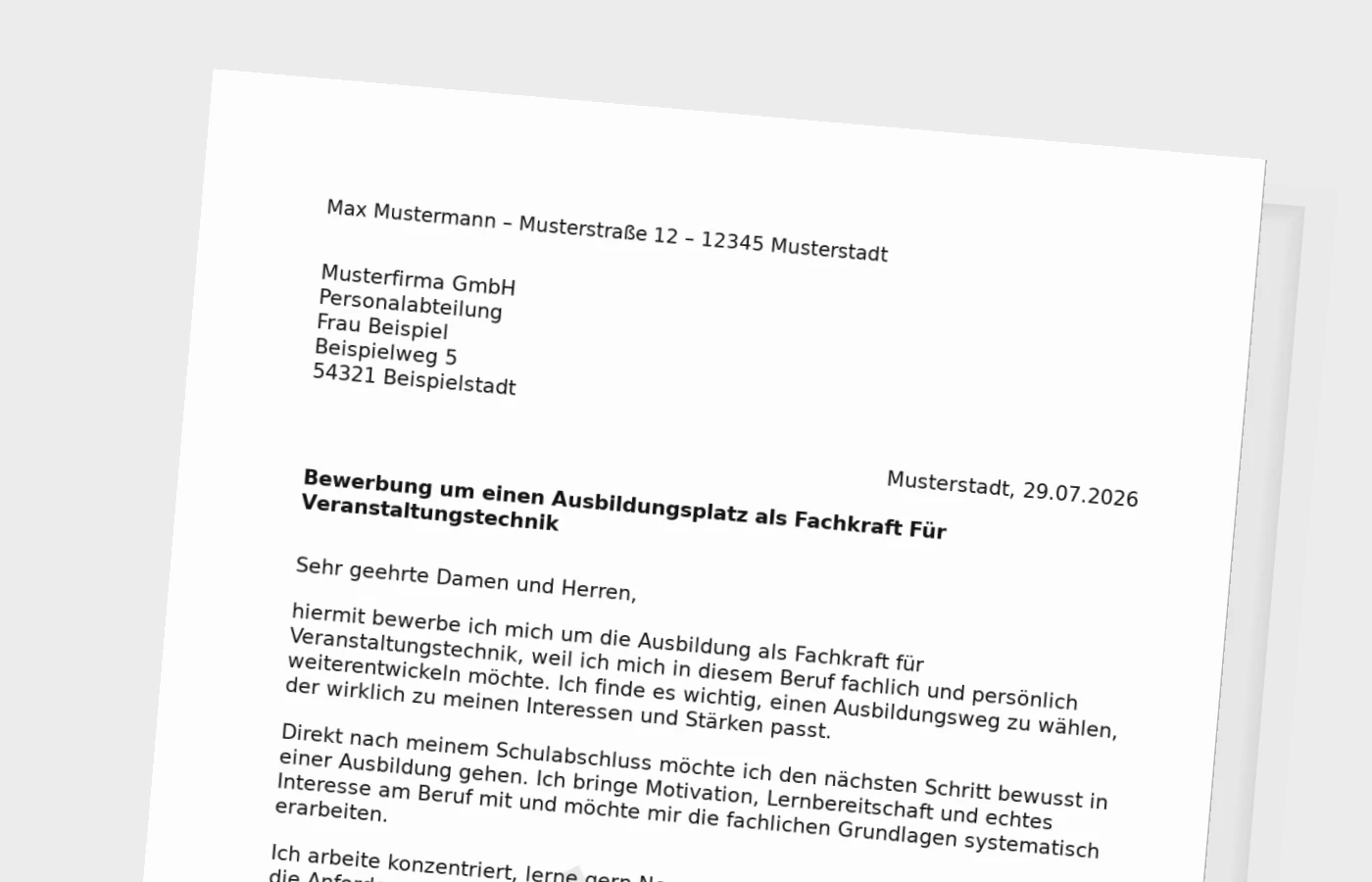 Bewerbung Ausbildung Fachkraft für Veranstaltungstechnik nach Schulabschluss – Muster