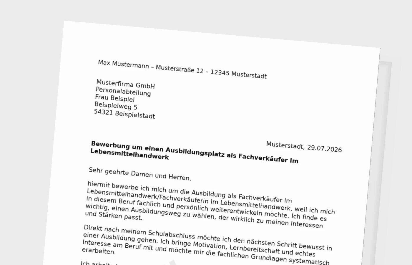Bewerbung Ausbildung Fachverkäufer im Lebensmittelhandwerk/Fachverkäuferin im Lebensmittelhandwerk nach Schulabschluss – Muster