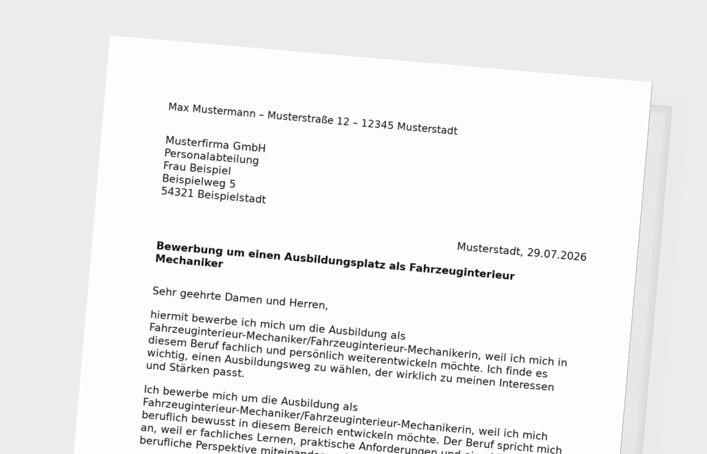 Bewerbung Ausbildung Fahrzeuginterieur-Mechaniker/Fahrzeuginterieur-Mechanikerin – Muster
