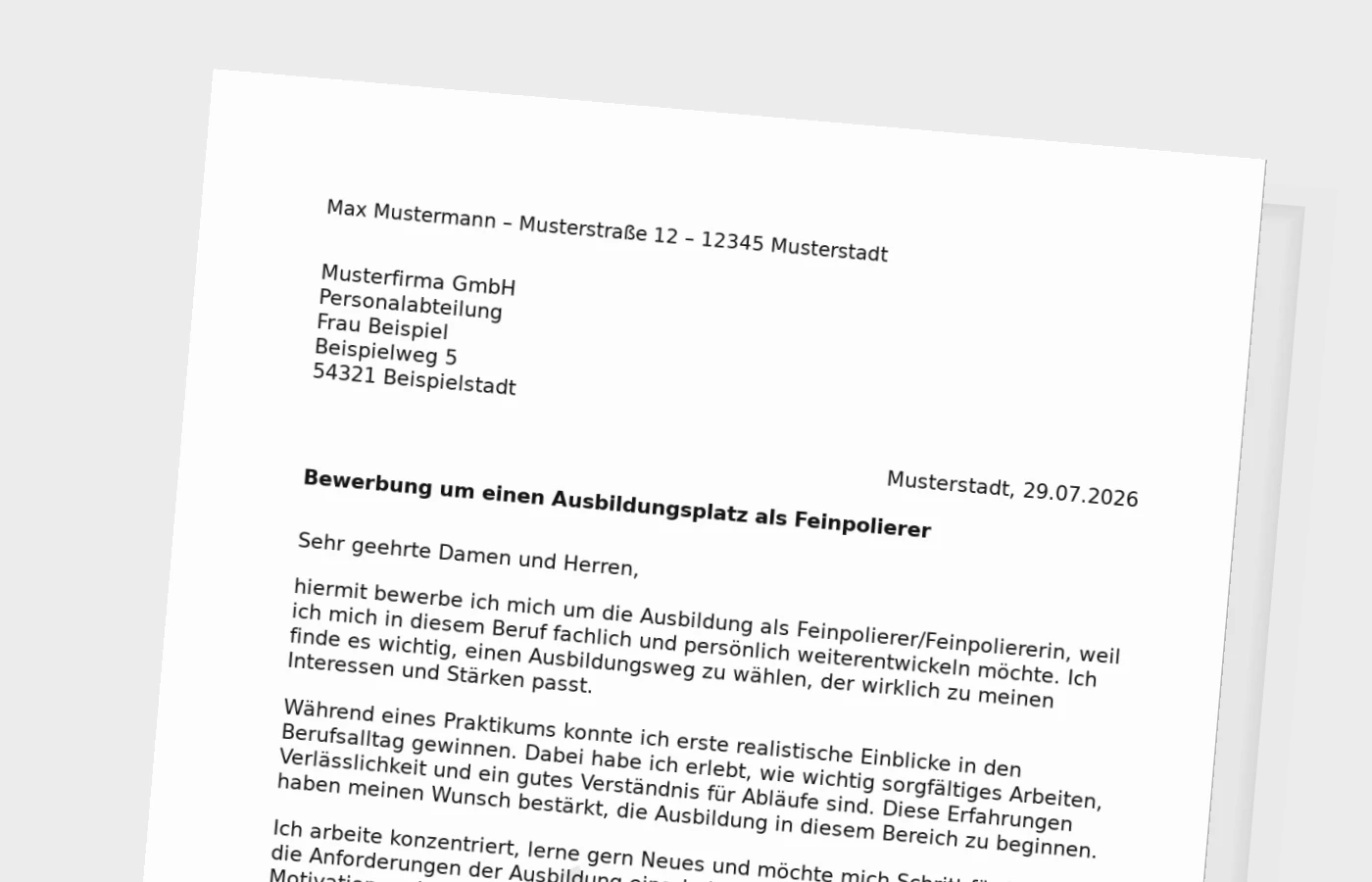 Bewerbung Ausbildung Feinpolierer/Feinpoliererin (mit Praktikum) – Muster