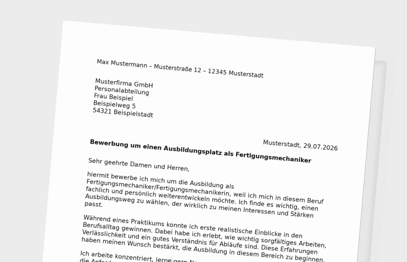Bewerbung Ausbildung Fertigungsmechaniker/Fertigungsmechanikerin (mit Praktikum) – Muster