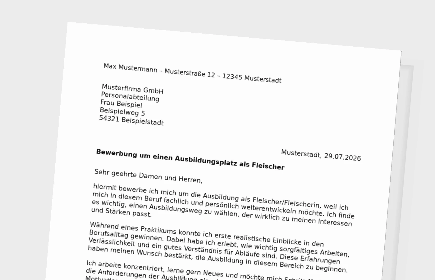 Bewerbung Ausbildung Fleischer/Fleischerin (mit Praktikum) – Muster