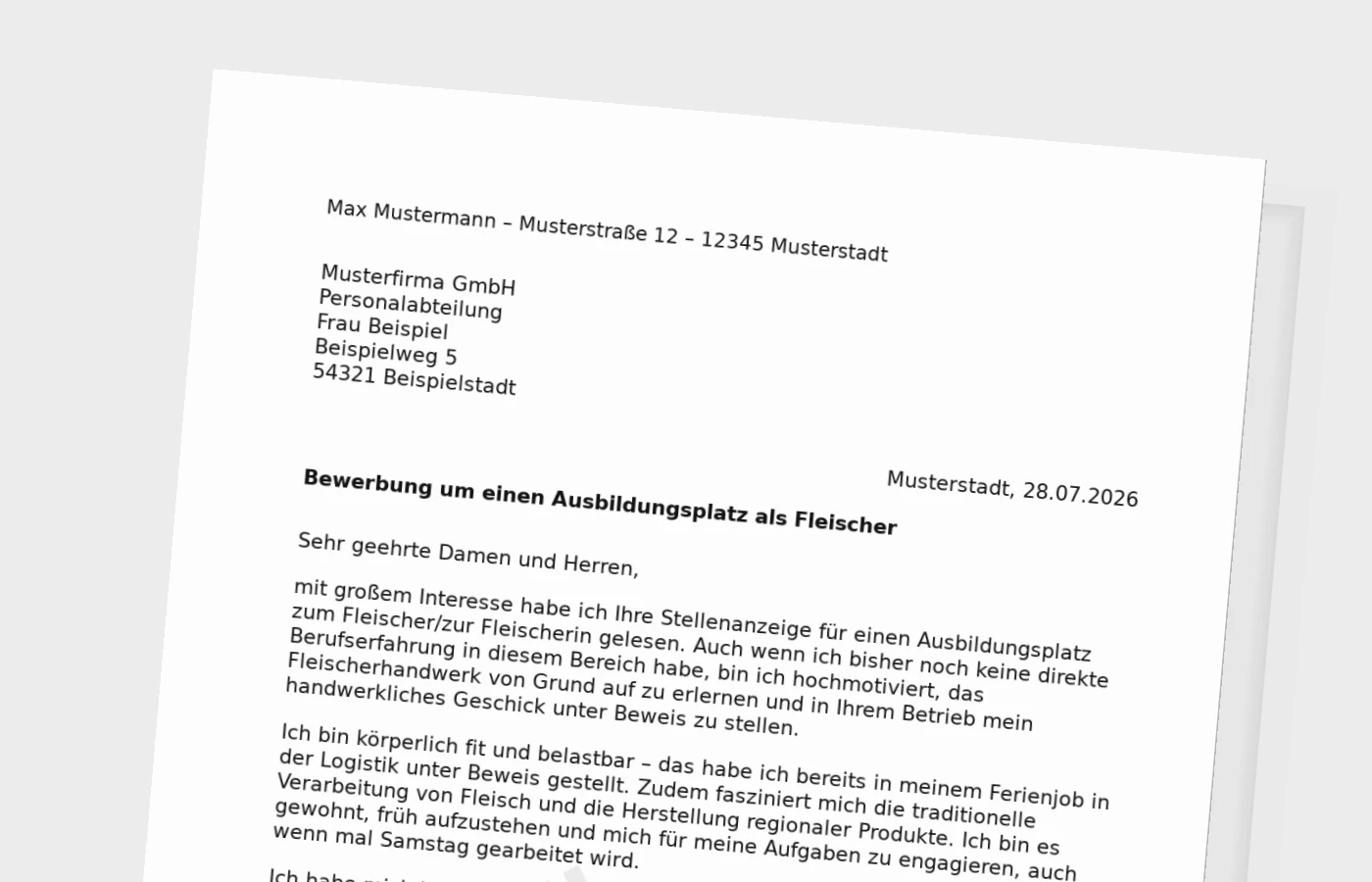 Bewerbung Ausbildung Fleischer/Fleischerin ohne Erfahrung – Muster