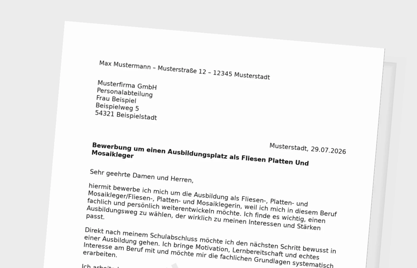 Bewerbung Ausbildung Fliesen-, Platten- und Mosaikleger/Fliesen-, Platten- und Mosaiklegerin nach Schulabschluss – Muster