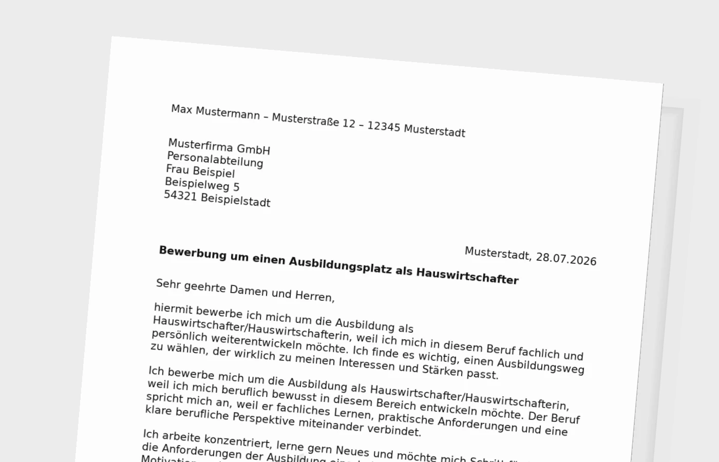 Bewerbung Ausbildung Hauswirtschafter/Hauswirtschafterin – Muster