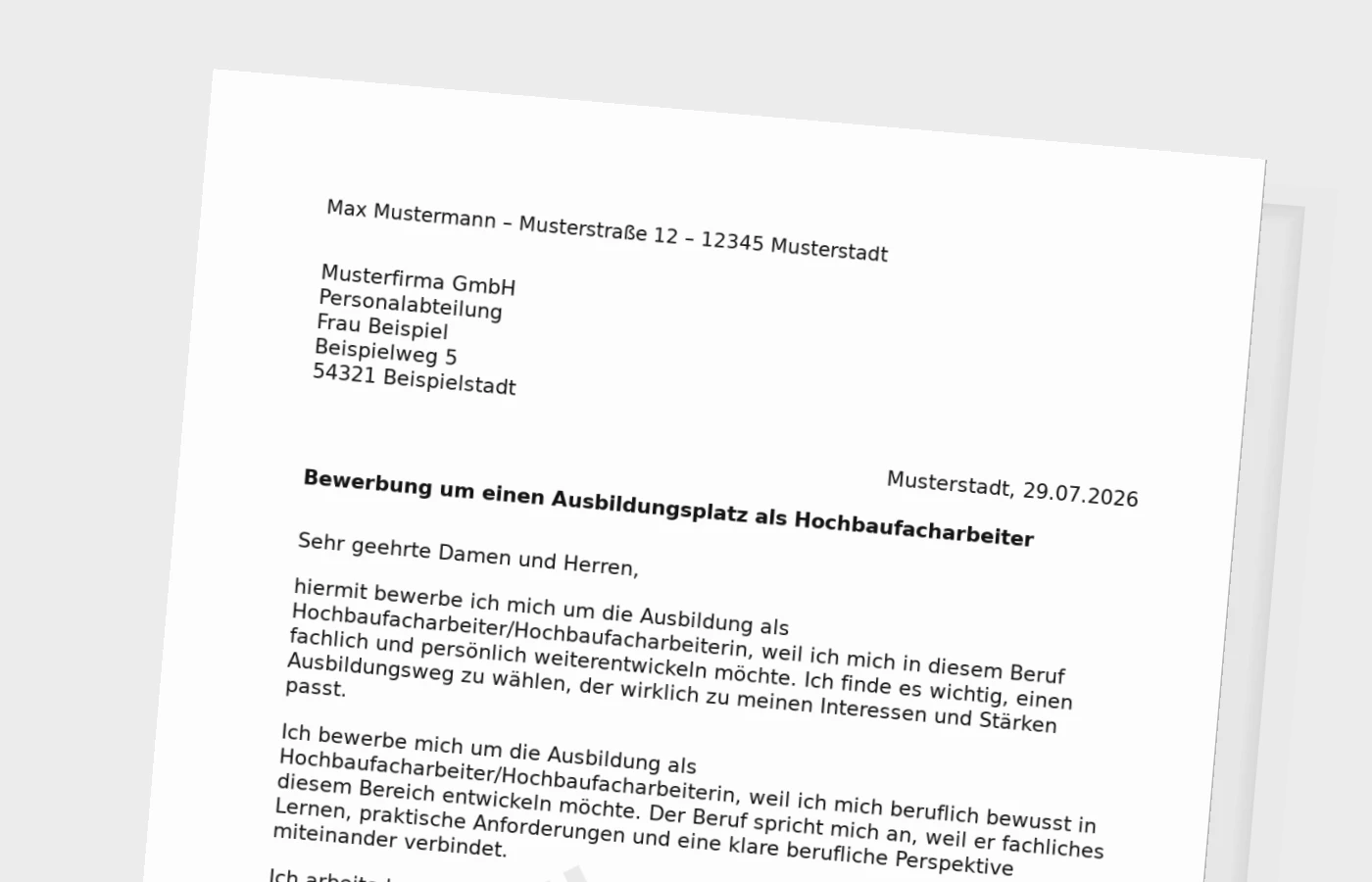 Bewerbung Ausbildung Hochbaufacharbeiter/Hochbaufacharbeiterin – Muster