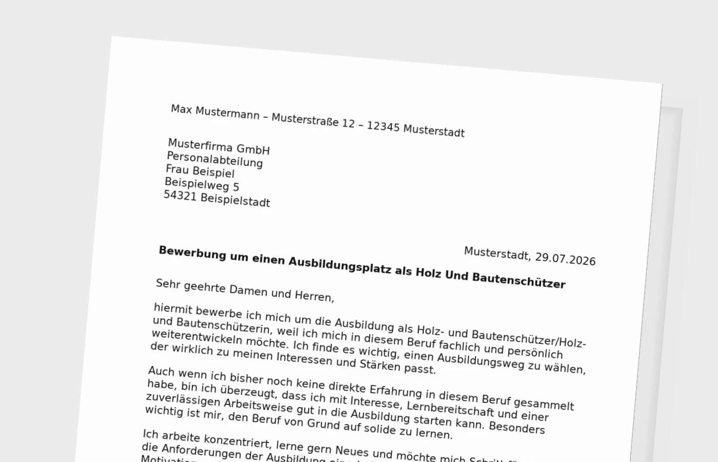 Bewerbung Ausbildung Holz- und Bautenschützer/Holz- und Bautenschützerin ohne Erfahrung – Muster