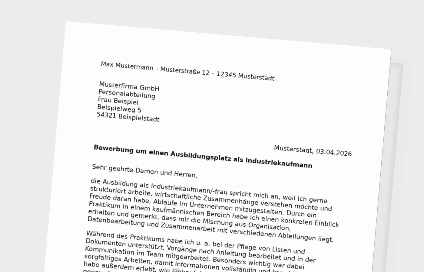 Vorschaubild zu Bewerbung für die Ausbildung als Industriekaufmann/-frau (mit Praktikum)