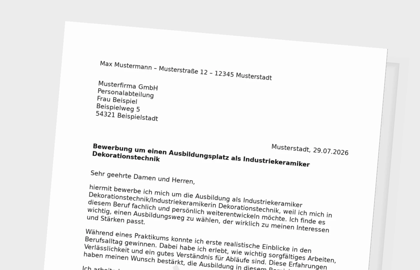 Bewerbung Ausbildung Industriekeramiker Dekorationstechnik/Industriekeramikerin Dekorationstechnik (mit Praktikum) – Muster