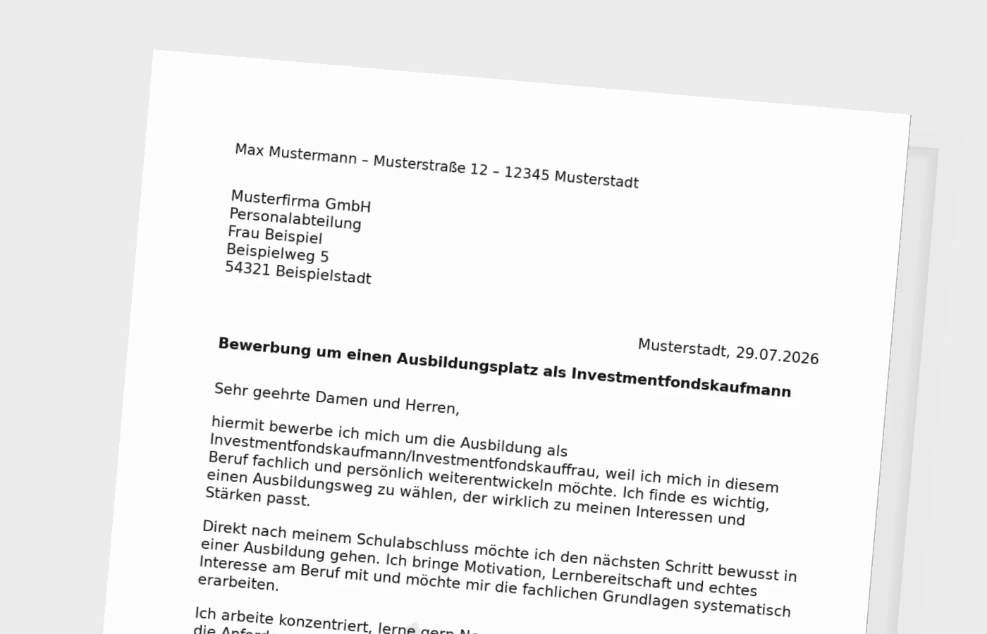 Bewerbung Ausbildung Investmentfondskaufmann/Investmentfondskauffrau nach Schulabschluss – Muster