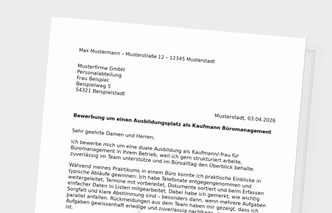 Vorschaubild zu Bewerbung für die Ausbildung als Kaufmann/-frau für Büromanagement (mit Praktikum)