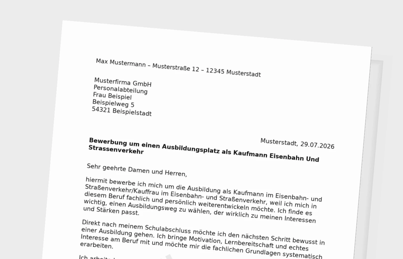 Bewerbung Ausbildung Kaufmann im Eisenbahn- und Straßenverkehr/Kauffrau im Eisenbahn- und Straßenverkehr nach Schulabschluss – Muster