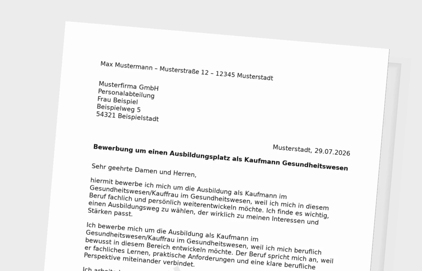 Bewerbung Ausbildung Kaufmann im Gesundheitswesen/Kauffrau im Gesundheitswesen – Muster