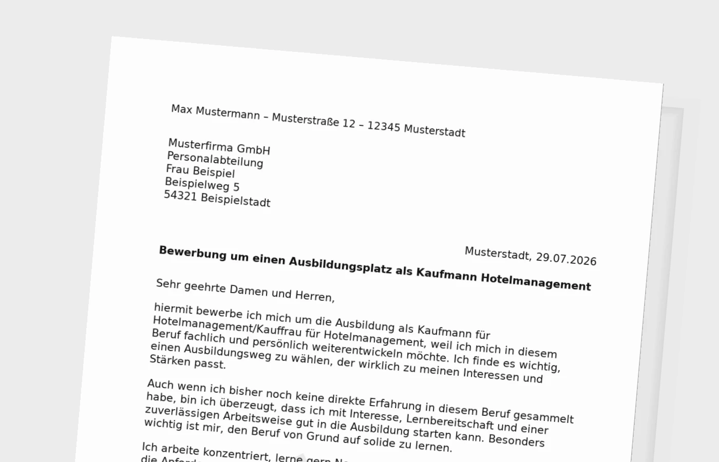 Bewerbung Ausbildung Kaufmann für Hotelmanagement/Kauffrau für Hotelmanagement ohne Erfahrung – Muster