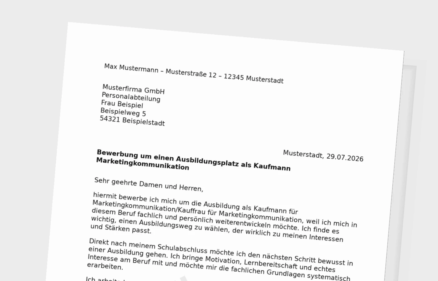 Bewerbung Ausbildung Kaufmann für Marketingkommunikation/Kauffrau für Marketingkommunikation nach Schulabschluss – Muster