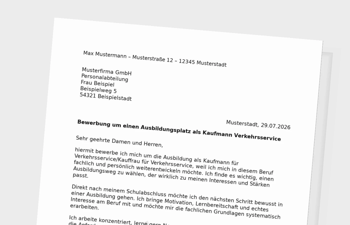 Bewerbung Ausbildung Kaufmann für Verkehrsservice/Kauffrau für Verkehrsservice nach Schulabschluss – Muster