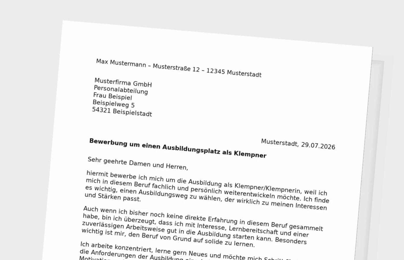 Bewerbung Ausbildung Klempner/Klempnerin ohne Erfahrung – Muster