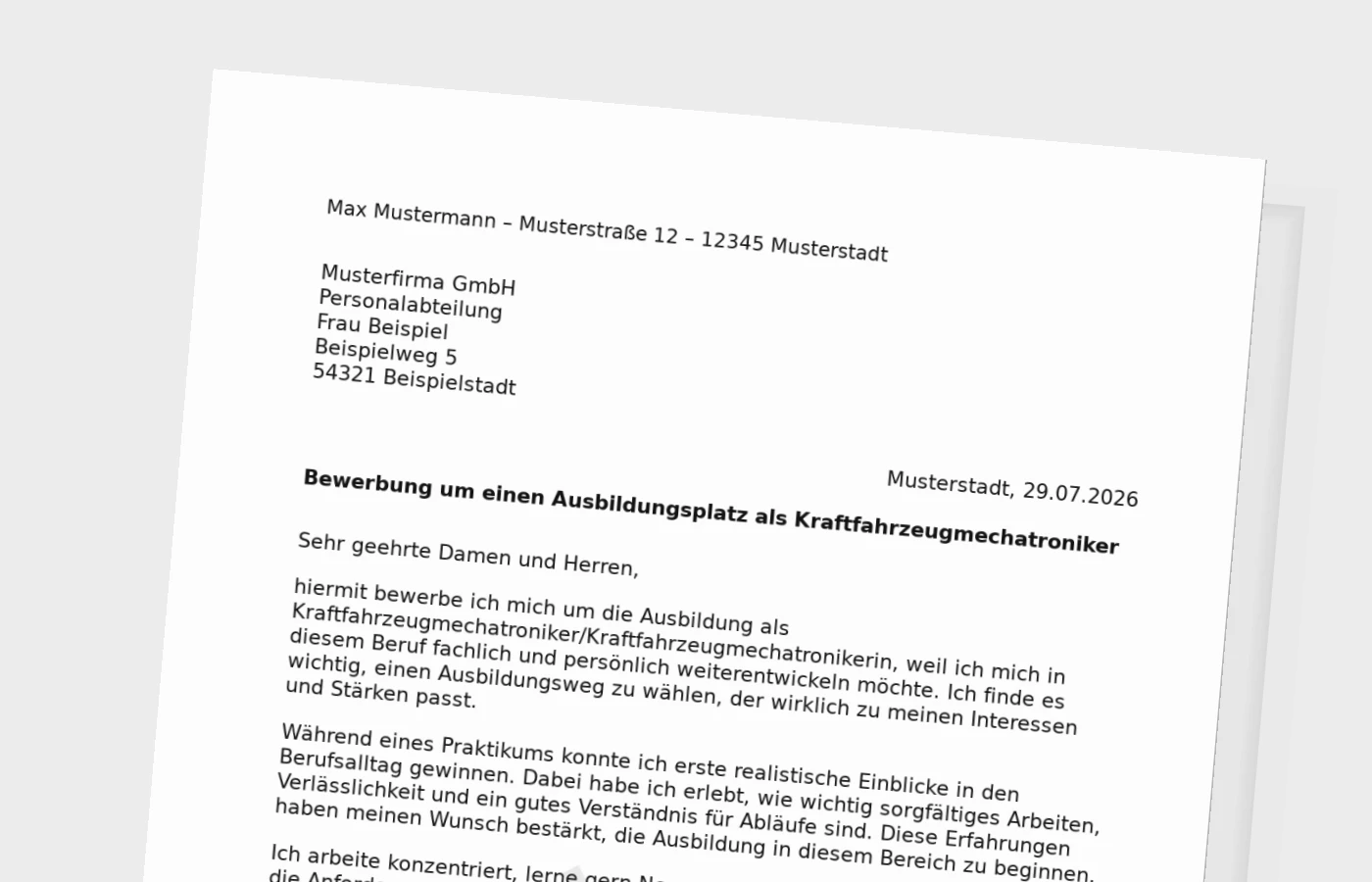 Bewerbung Ausbildung Kraftfahrzeugmechatroniker/Kraftfahrzeugmechatronikerin (mit Praktikum) – Muster