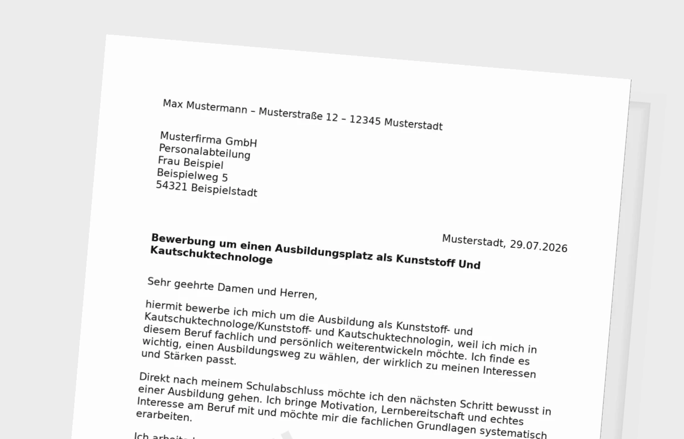 Bewerbung Ausbildung Kunststoff- und Kautschuktechnologe/Kunststoff- und Kautschuktechnologin nach Schulabschluss – Muster