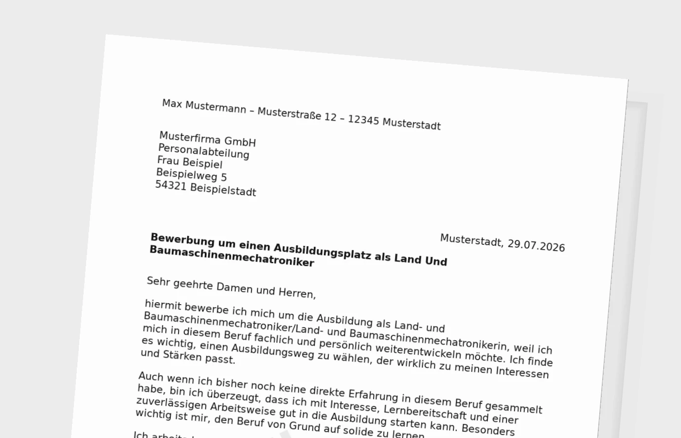 Bewerbung Ausbildung Land- und Baumaschinenmechatroniker/Land- und Baumaschinenmechatronikerin ohne Erfahrung – Muster