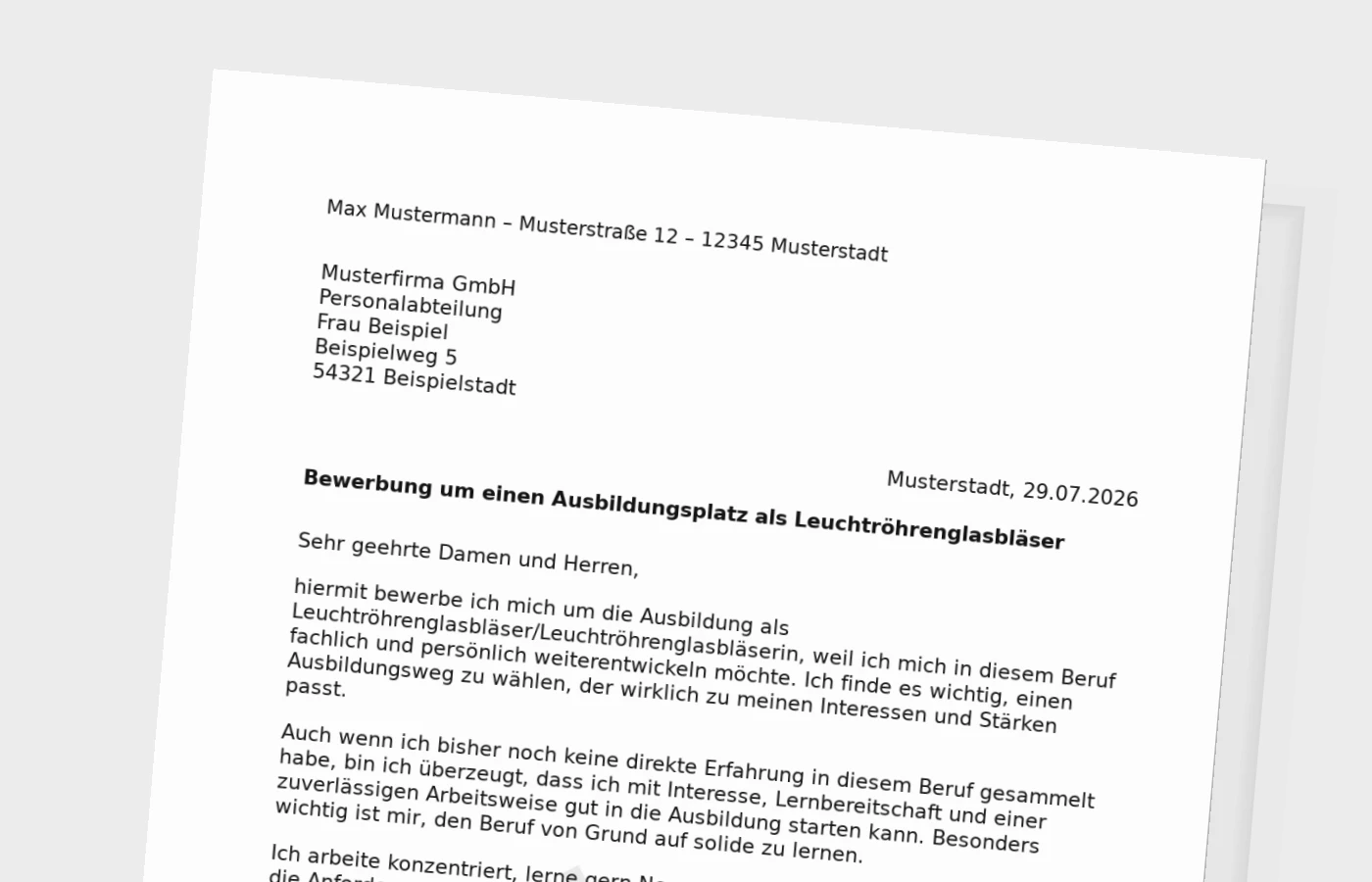 Bewerbung Ausbildung Leuchtröhrenglasbläser/Leuchtröhrenglasbläserin ohne Erfahrung – Muster