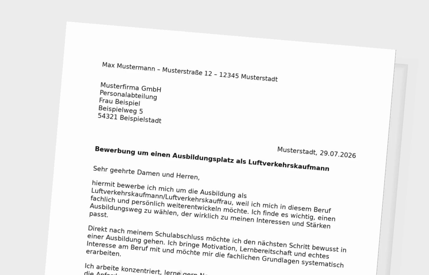 Bewerbung Ausbildung Luftverkehrskaufmann/Luftverkehrskauffrau nach Schulabschluss – Muster