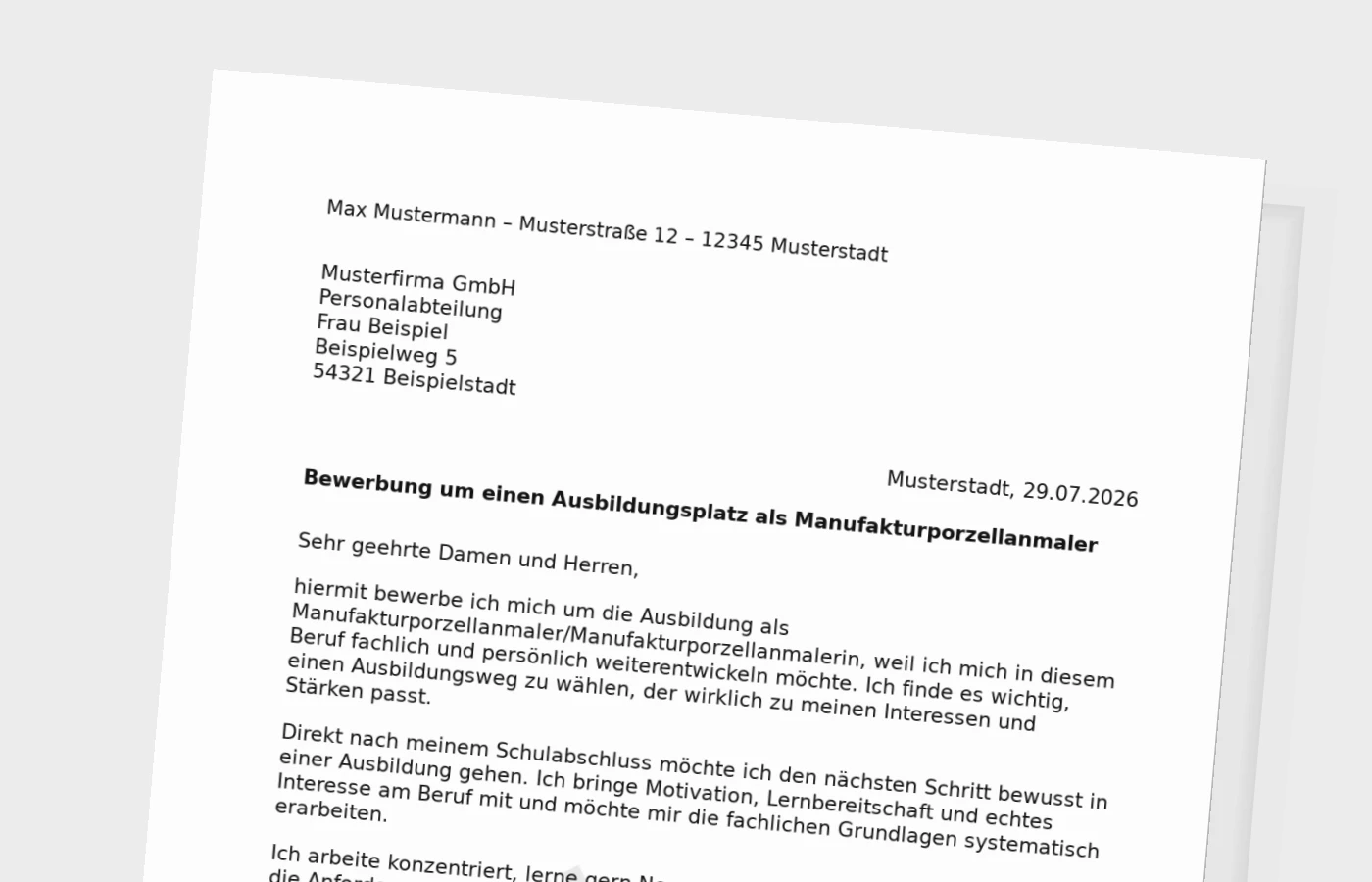 Bewerbung Ausbildung Manufakturporzellanmaler/Manufakturporzellanmalerin nach Schulabschluss – Muster