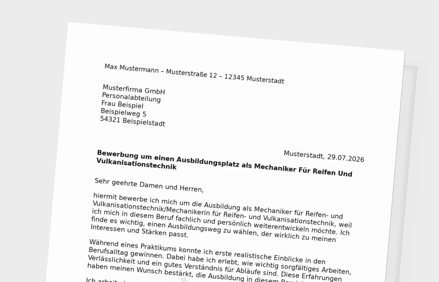 Bewerbung Ausbildung Mechaniker für Reifen- und Vulkanisationstechnik/Mechanikerin für Reifen- und Vulkanisationstechnik (mit Praktikum) – Muster
