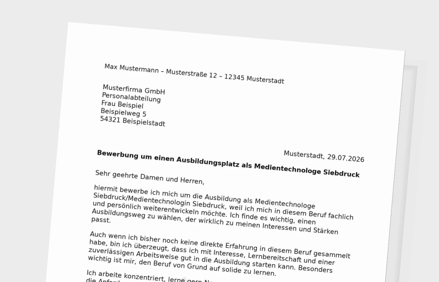 Bewerbung Ausbildung Medientechnologe Siebdruck/Medientechnologin Siebdruck ohne Erfahrung – Muster