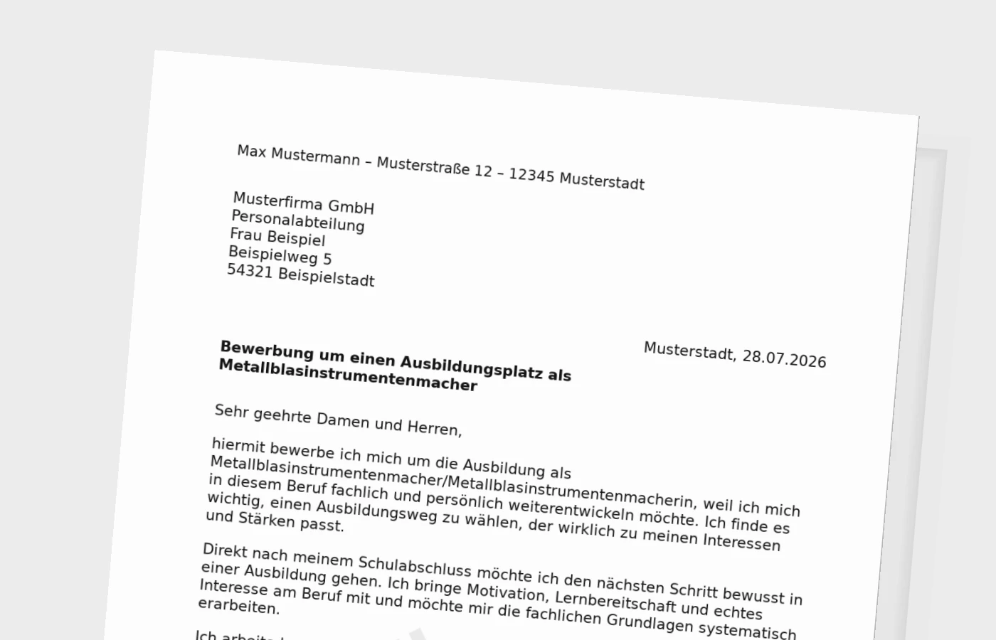 Bewerbung Ausbildung Metallblasinstrumentenmacher/Metallblasinstrumentenmacherin nach Schulabschluss – Muster
