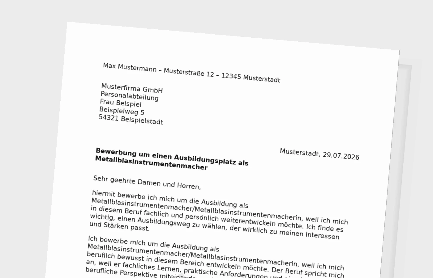 Bewerbung Ausbildung Metallblasinstrumentenmacher/Metallblasinstrumentenmacherin – Muster