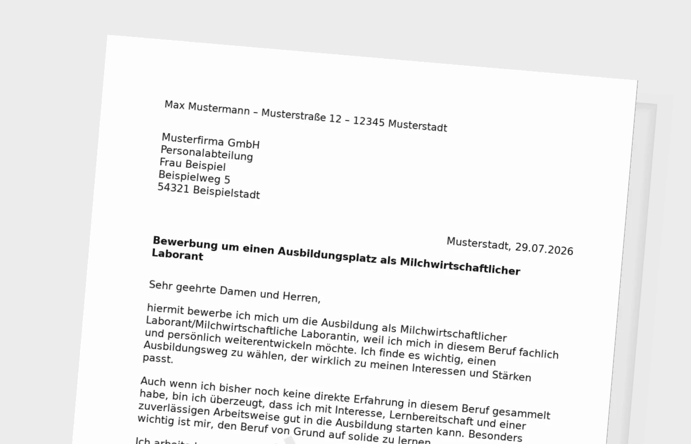 Bewerbung Ausbildung Milchwirtschaftlicher Laborant/Milchwirtschaftliche Laborantin ohne Erfahrung – Muster