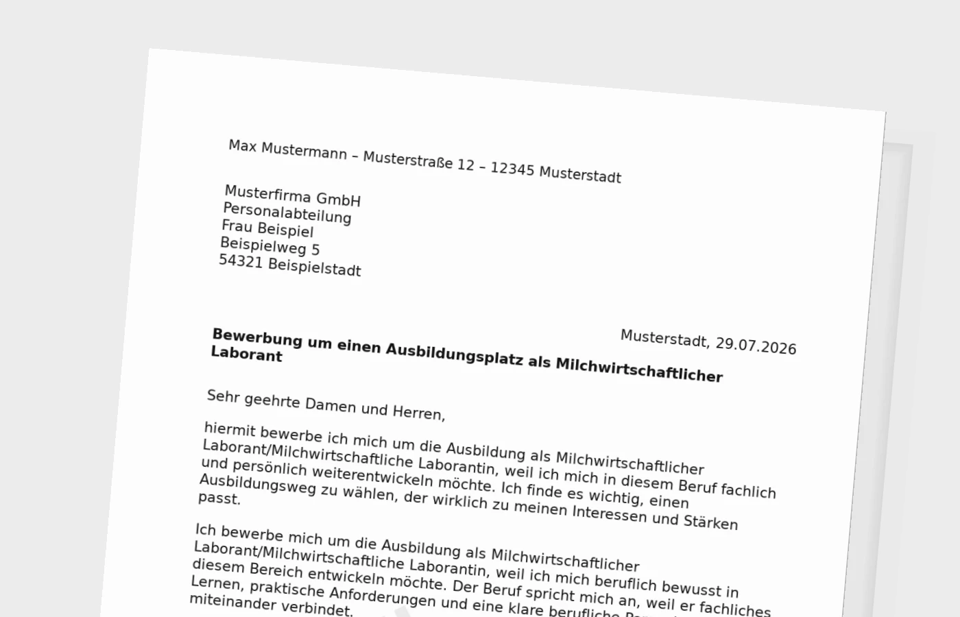 Bewerbung Ausbildung Milchwirtschaftlicher Laborant/Milchwirtschaftliche Laborantin – Muster