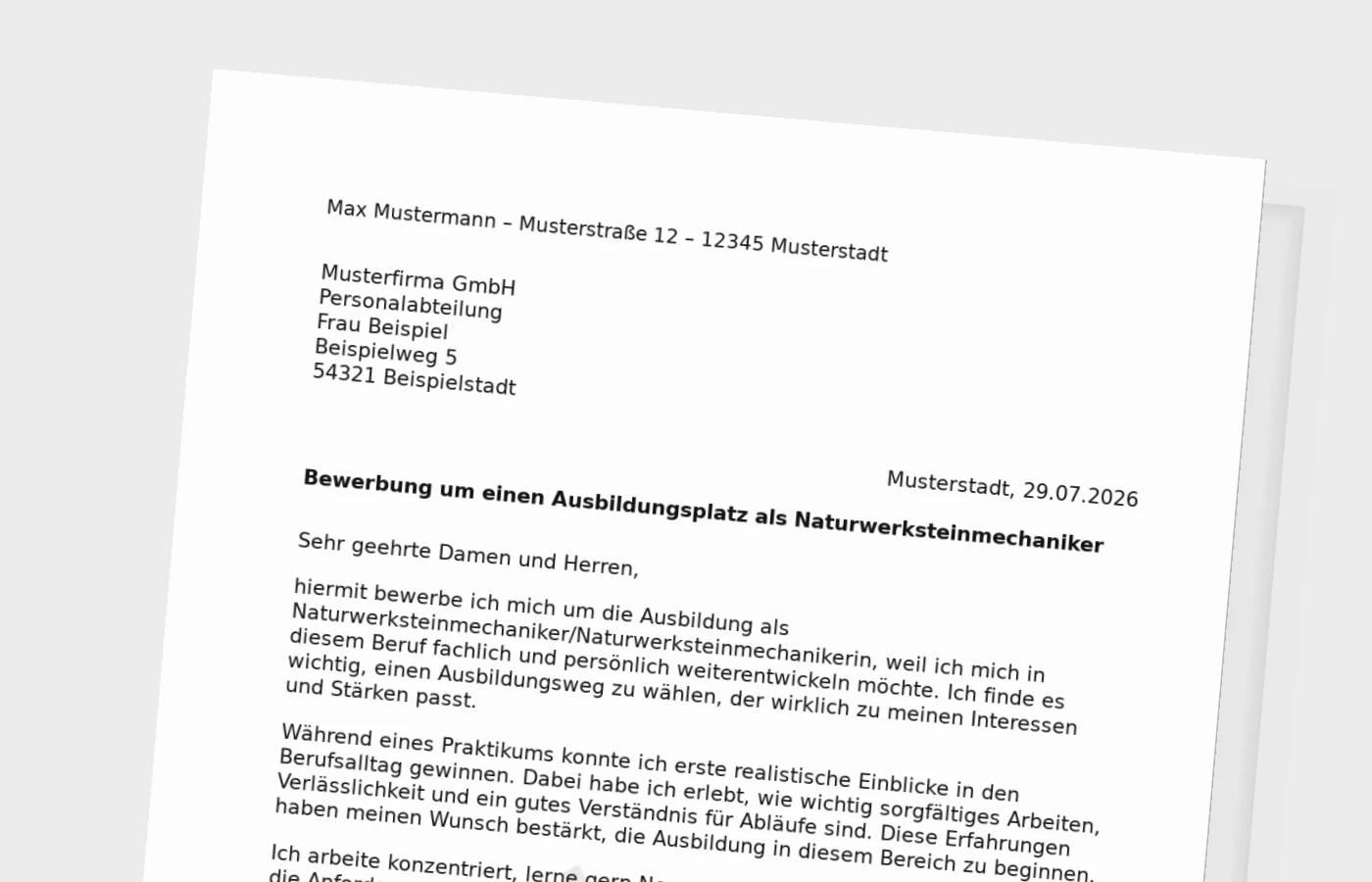 Bewerbung Ausbildung Naturwerksteinmechaniker/Naturwerksteinmechanikerin (mit Praktikum) – Muster